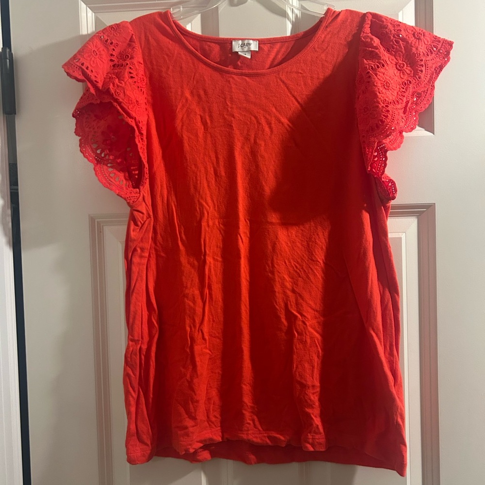 J. Crew Vibrant Red Lace Sleeve Blouse